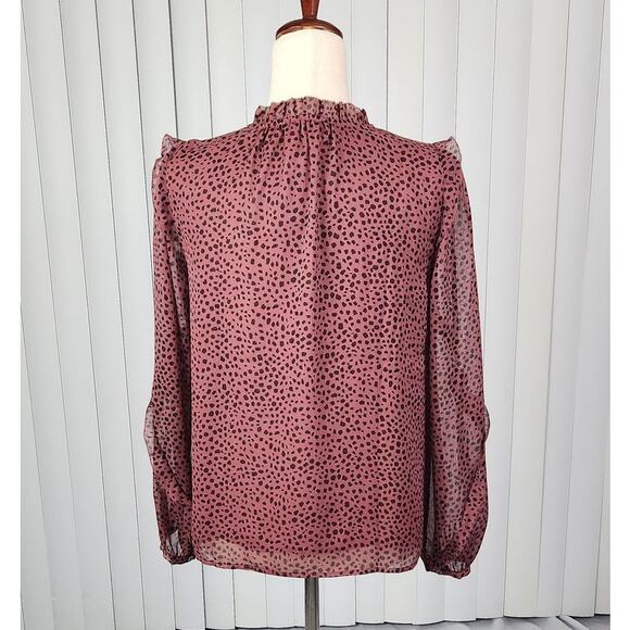 Loft Animal Print Ruffle Sleeve Blouse Front Keyhole Rose Black Size Small New - Picture 3 of 11